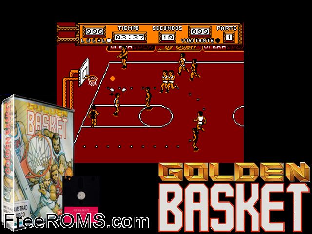 Golden Basket (S) (1990) [f1] Amstrad CPC game showing 3D box cover and gameplay screenshot